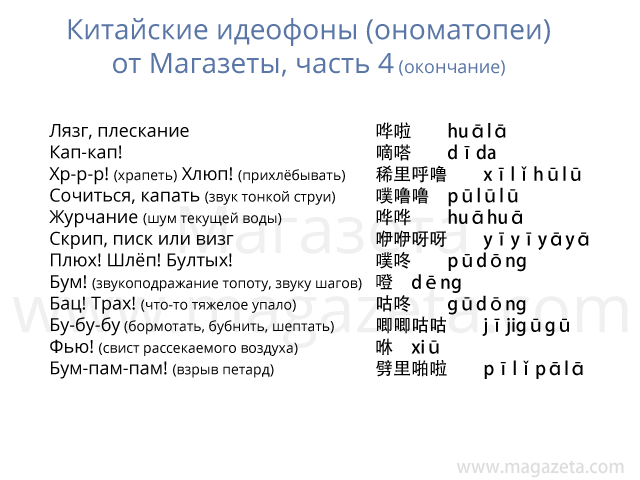 Китайские звукоподражания, идеофоны и ономатопеи, часть 4