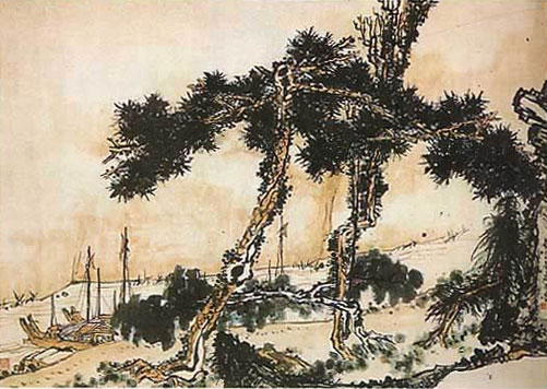 "Причал ночью в Цзянчжоу", живопись пальцем,тушь, краски, 1953 г.