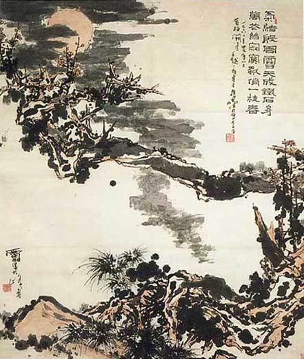 "Дерево сливы и луна", тушь, краски, бумага шэнсюань, 1966 г. 