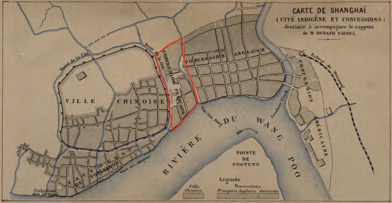 Ранняя Французская концессия и ее береговая линия в 1877 году. Источник: Virtual Shanghai